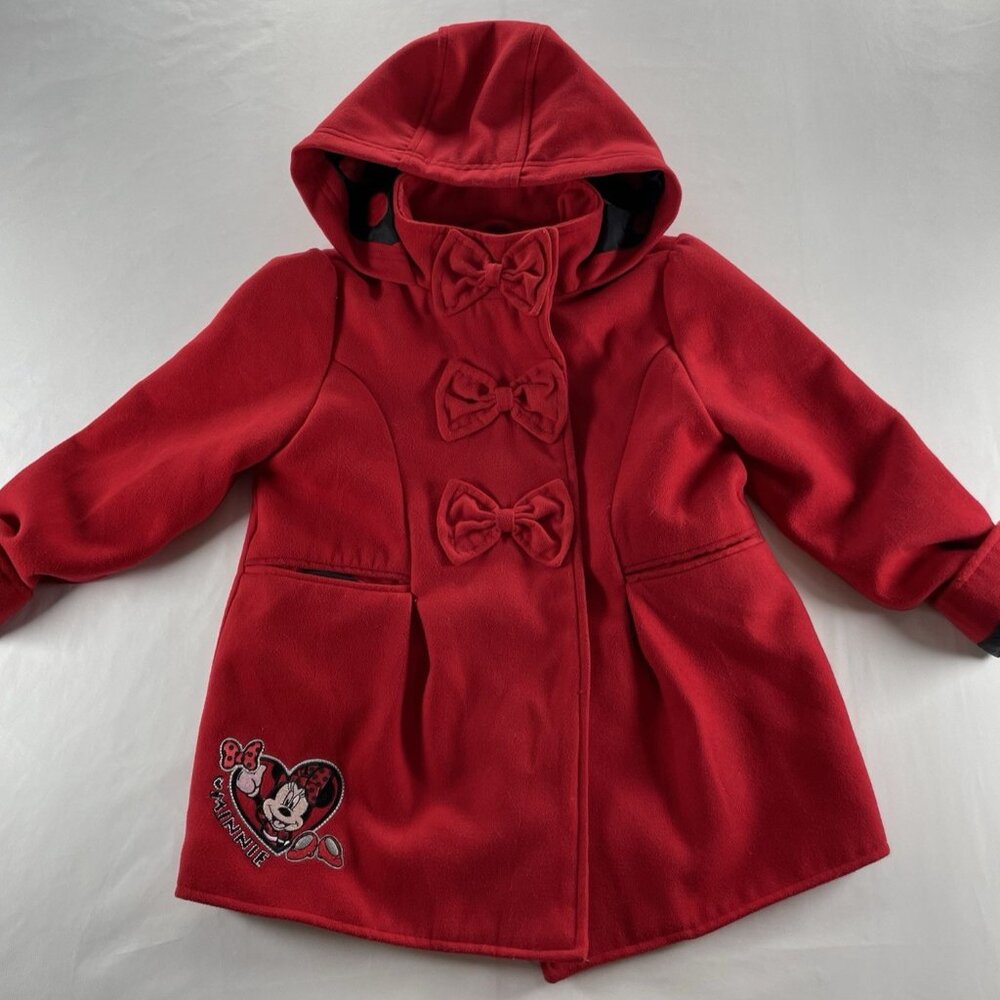 Disney Minnie Mouse Girls Pea Coat Size 6 Red Hooded Bows Embroidered Jacket